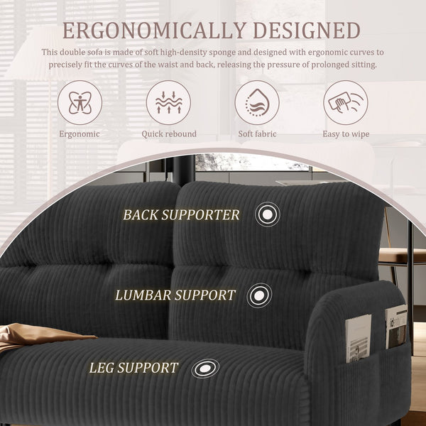 English Elm United We Win Corduroy Two Seat Sofa with Lumbar Support and Built in Storage Pockets Gray W1568P386168