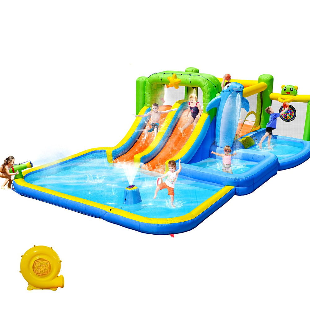 English Elm 9 in 1 Inflatable Bounce House Backyard Water Park with Slide Pool and Sprinkler W1677P247377