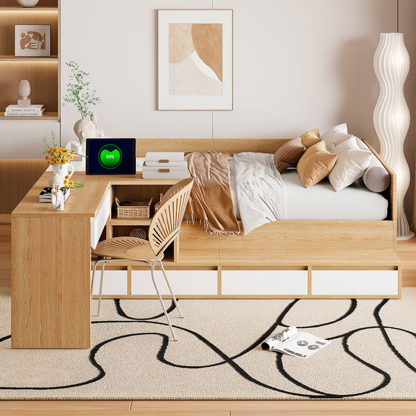 English Elm Full Size Wooden Platform Bed With 6 Drawers, Open Shelves & Dressing Table - Stylish & Functional! N820S00059N
