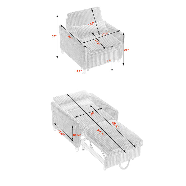 English Elm Grey Corduroy Compact Sofa Bed for Small Apartments, Bedroom or Balcony — Solid Wood Frame, Sponge Cushion, Black Plastic Legs W1658P290467