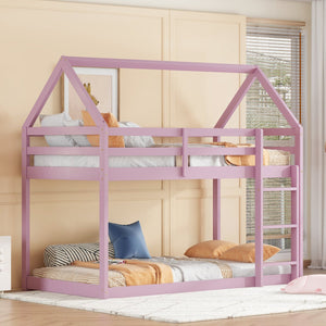 English Elm Twin Rubber Wood Floor Bunk Bed House-Shaped Design with Ladder Guardrails Sturdy Low-Profile Retreat Pink W504P206867