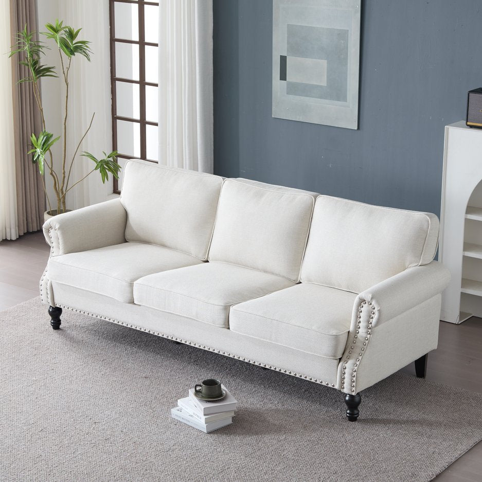 English Elm 83 Inch Faux Leather Traditional Sofa with Brass Nailhead Trim and Deep Rolled Arms W2911S00012
