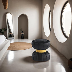 English Elm Contemporary Plush Pleated Round Ottoman Stool with Gold Trim Base, Velvet-Like Accent Seat for Living Room Black 17 L x 17 W x 19 H B2741P388361