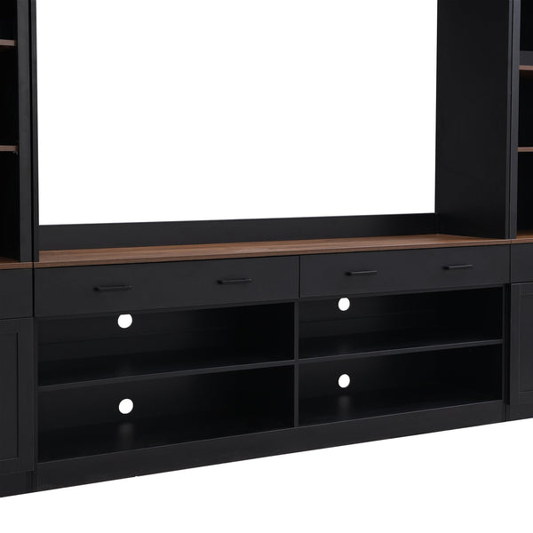 English Elm Farmhouse Mid-century Entertainment Center Walnut Black with Wine Rack for Living Room N721S000046B-2