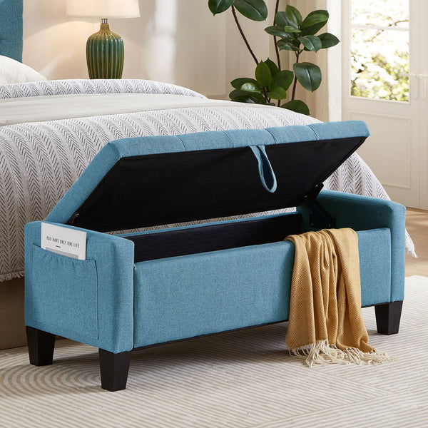 English Elm Ottoman Tufted Linen Storage Bench with Safety Hinge Solid Wood Frame Entryway Seat W2186P470000
