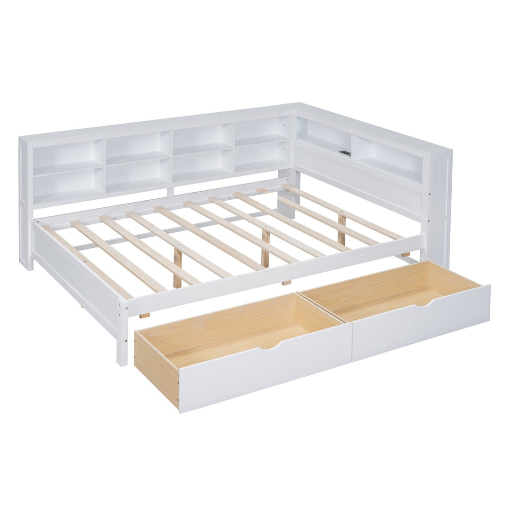 English Elm Wooden Full Size DayBed with Trundle, Pine Frame, Dual Storage Shelf and Built-in USB Charging Ports White 57.7 L x 16.25 W x 6.7 H N733S347772K