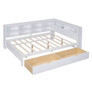English Elm Wooden Full Size DayBed with Trundle, Pine Frame, Dual Storage Shelf and Built-in USB Charging Ports White 57.7 L x 16.25 W x 6.7 H N733S347772K