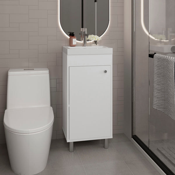 English Elm Bathroom Compact Vanity with Sink and Single Door Cabinet, Engineered Wood, Modern Minimalist Design White 33.46 L x 18.9 W x 11.42 H B097P350310