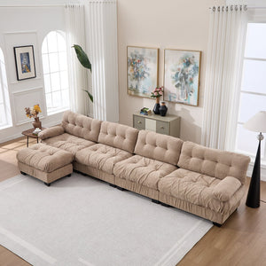 English Elm Modular Cloud Sofa Deep Seat Flannelette Sectional with Round Armrests for Living Room Light Brown W2120S00046