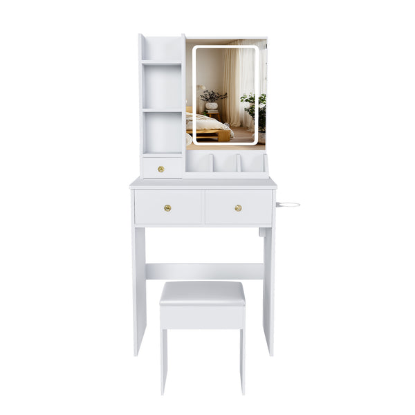 English Elm Modern Vanity Desk with Led Mirror 3 Drawers Built-in Outlet and Matching Chair White W509P465832