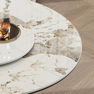 English Elm 53" Round Sintered Stone Dining Table With Lazy Susan & Carbon Steel Base - Modern Kitchen Elegance W2699S00042