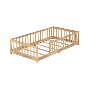 English Elm Twin Low Profile Rubberwood Floor Bed with Full Safety Fence for Toddler Rooms Natural W504P429336