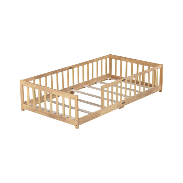 English Elm Twin Low Profile Rubberwood Floor Bed with Full Safety Fence for Toddler Rooms Natural W504P429336