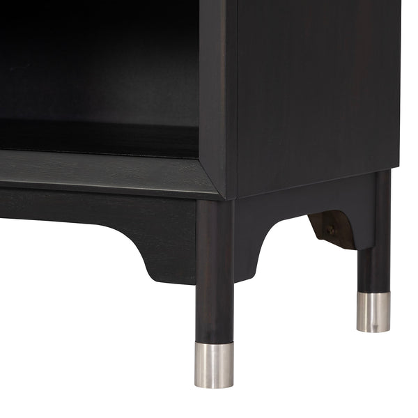 English Elm Mid-century Modern Nightstand Matte Black Acacia Wood Usb Charging Tapered Legs Bedroom B2741P433341
