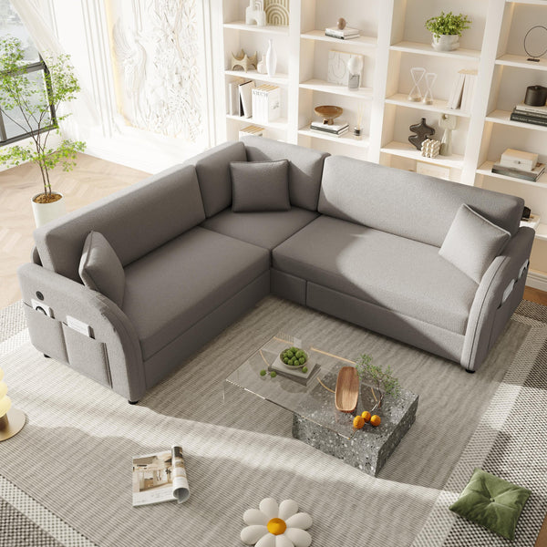 English Elm 85.1" Teddy Plush L-shaped Sectional Sleeper Sofa with Usb Ports and Pull Out Bed Light Grey W1885S00320