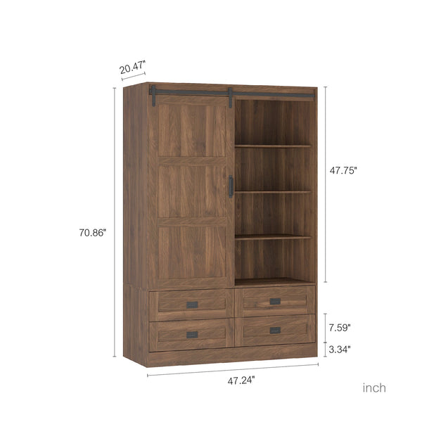 English Elm Tall Farmhouse Wardrobe Armoire with Sliding Barn Doors Drawers and Hanging Rod Wood W1321S00050