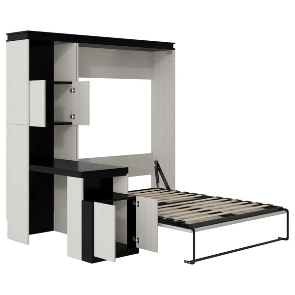 English Elm Full Full Size Murphy Bed with Desk, Shelves & Cabinets in Black+White — Space-Saving, Sturdy Design GX002042AAE