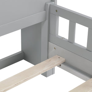 English Elm Full Pine Wood Bed with Bookcase Headboard and LED Motion Sensor Light, Guardrails & Storage Space Grey W504P277598