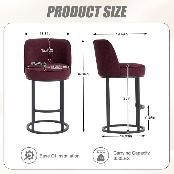 English Elm Counter Height Barstools Set of 2 Linen Upholstered Barrel Seat with Iron Legs Wine Red W395P410434