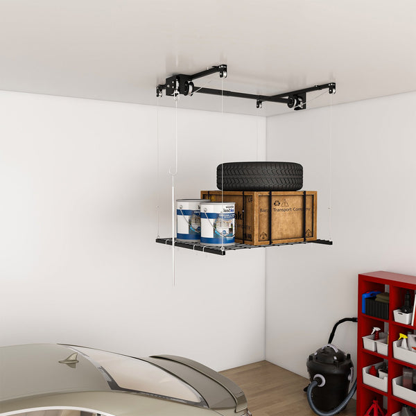 English Elm Overhead Garage Ceiling Rack All Steel Crank Down Platform 250 Lb Locking Hoist W2700P346225