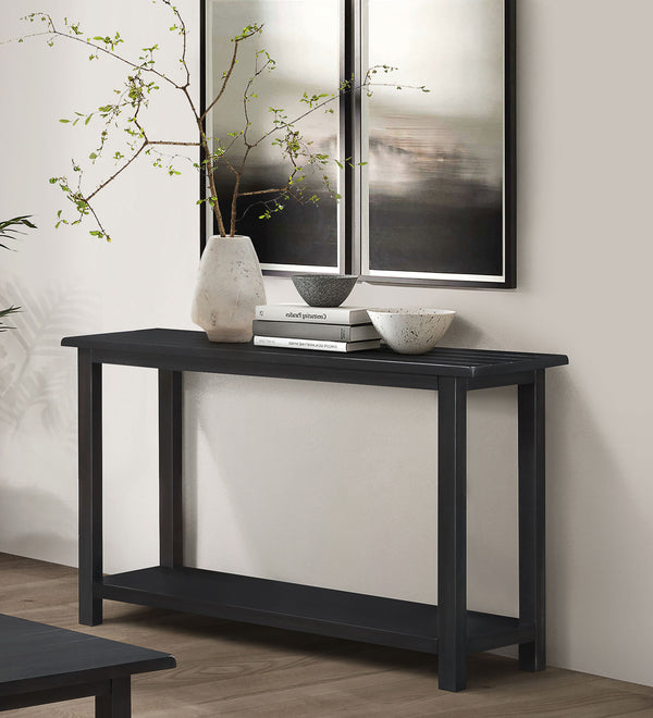 English Elm Wood Pine Console Table Weathered Farmhouse Finish with Open Shelf for Entryway Distressed Black B016P472898