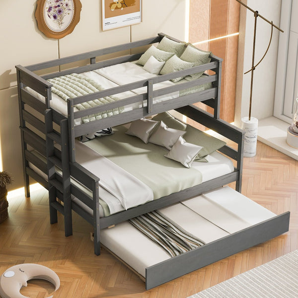 English Elm Wood Twin over Full Bunk Bed with Twin Trundle – Space-Saving Pine/MDF Triple Bed, Sturdy & Safe Design Grey GX000448AAE-1