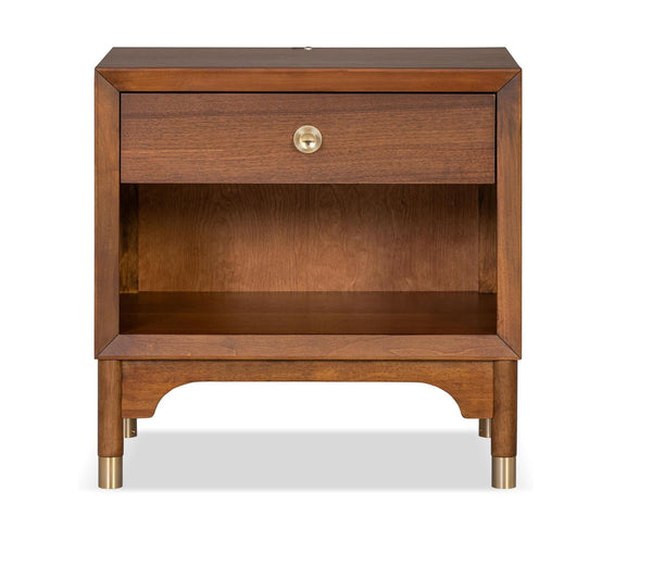 English Elm Mid Century Modern Walnut Nightstand Rubberwood Usb Port Gold Tapered Legs Bedroom B2741P433338