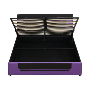 English Elm Modern Cyberpunk Queen Platform Bed Hydraulic Storage Pu Upholstered Gaming Frame Purple+Black SF000205AAI