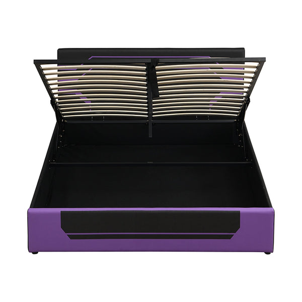 English Elm Modern Cyberpunk Queen Platform Bed Hydraulic Storage Pu Upholstered Gaming Frame Purple+Black SF000205AAI
