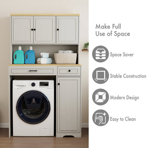 English Elm Over Washer Dryer Laundry Cabinet with Basket Drawer Adjustable Shelves Antique White W1120P338184