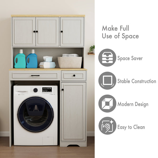 English Elm Over Washer Dryer Laundry Cabinet with Basket Drawer Adjustable Shelves Antique White W1120P338184