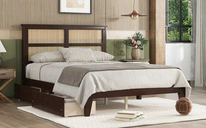 English Elm Full Full Size Bed with Rattan Headboard and Two Underbed Storage Drawers, Rubberwood Slat Support Espresso W504P269605
