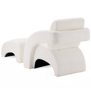 English Elm Upholstered Bouclé Lounge Chair and Ottoman Set with Curved Sled Base for Modern Rooms T3623P430771
