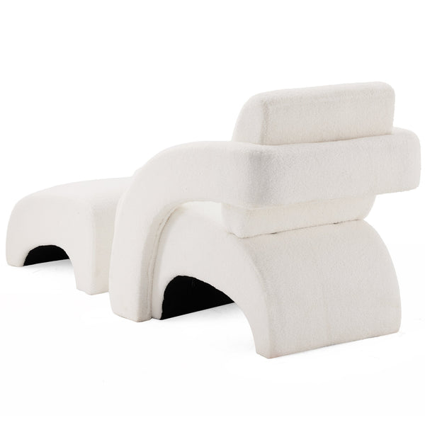 English Elm Upholstered Bouclé Lounge Chair and Ottoman Set with Curved Sled Base for Modern Rooms T3623P430771