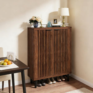 English Elm Wooden Louvered Shoe Cabinet Dark Walnut Finish Entryway Storage Six Shelf T3971P453463
