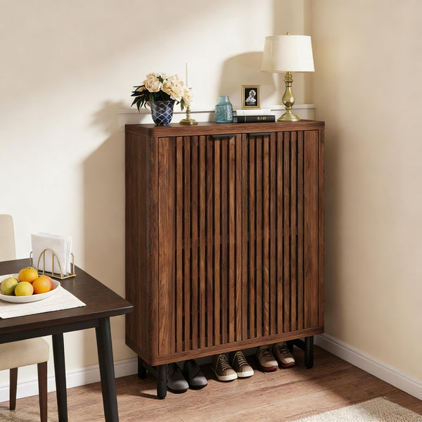 English Elm Wooden Louvered Shoe Cabinet Dark Walnut Finish Entryway Storage Six Shelf T3971P453463