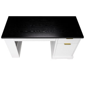 English Elm 55" Fluted White Computer Desk with Power Outlet Pegboard Cabinet and Keyboard Tray W2917P396008