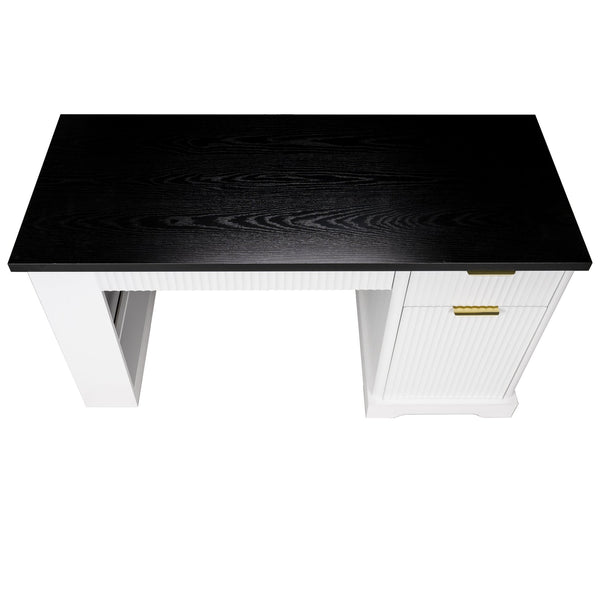English Elm 55" Fluted White Computer Desk with Power Outlet Pegboard Cabinet and Keyboard Tray W2917P396008