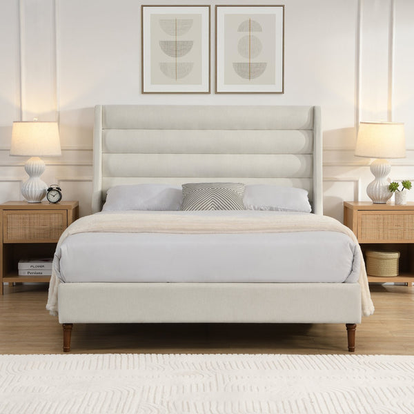 English Elm Queen Chenille Platform Bed with Wave Headboard, Noise-Free EVA Foam, Solid Wood, Ivory Finish W1716P362409