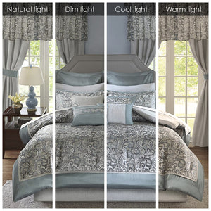 JLA Home Madison Park Essentials - 24 Teal and Grey Jacquard Paisley Bedding Set with Curtains, Embroidered Pillows, Hypoallergenic Fill 92 L x 104 W x 1.5H MPE10-637