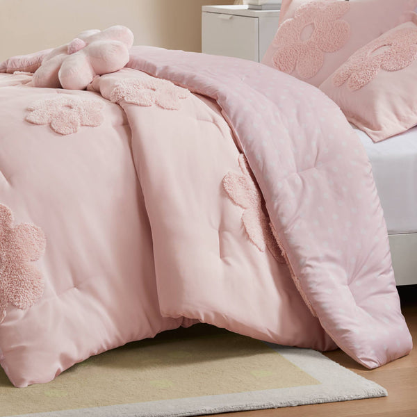JLA Home Urban Habitat Kids - Floral Reversible Tufted Chenille Comforter Set with Pink Floral & Polka Dot Reverse, Hypoallergenic Cozy 88 L x 88 W x 1H UHK10-0237