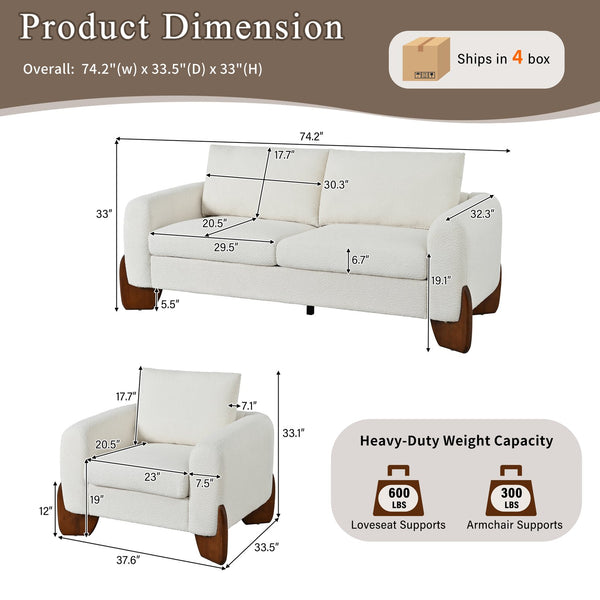 English Elm U_style Bouclé 3 Piece Living Room Sofa Set with Loveseat and Two Accent Armchairs Beige WY000479AAA