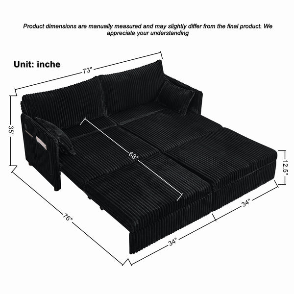 English Elm 73"convertible Corduroy Sleeper Sofa with Usb Port and Side Pocket for Studio Apartments Black W3373P405038