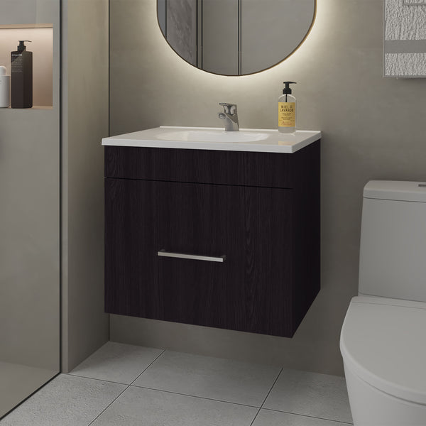 English Elm Story Floating Bathroom Vanity Set with Sink One Drawer - Space-Saving Wall-Mounted Modern Design, Scratch-Resistant Finish Wenge 28 L x 23 W x 12 H B128P314807
