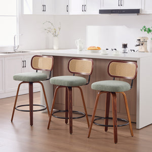 English Elm Set of 2 Swivel Counter Stools Walnut Frame Rattan Back Linen Seat Kitchen Island Light Green W1143P392164