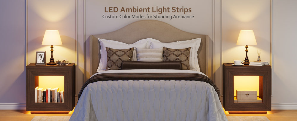 English Elm Rustic Wood End Table With Led Lighting & Integrated Power Hub - Stylish 2-Tier Storage Solution W1550P330032-GIGA