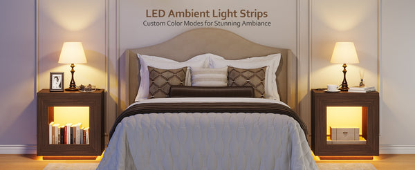 English Elm Rustic Wood End Table With Led Lighting & Integrated Power Hub - Stylish 2-Tier Storage Solution W1550P330032-GIGA