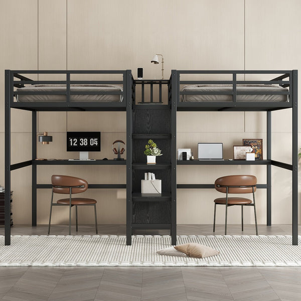 English Elm Twin Metal Loft Bed with Study Desk Wardrobe Shelving and Outlet for Kids Rooms Black W1580S00371