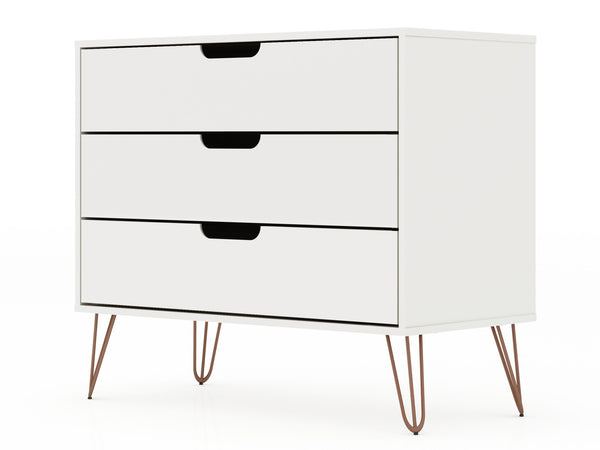 English Elm Rockefeller 35" Dresser with 3 Smooth-Glide Drawers, Metal Splayed Legs, TV-Ready Storage, Anti-Tip White B365P398121