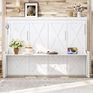 English Elm Queen Murphy Bed with Fold Down Desk Led Lighting and Usb Port for Home Office White W1580S00456